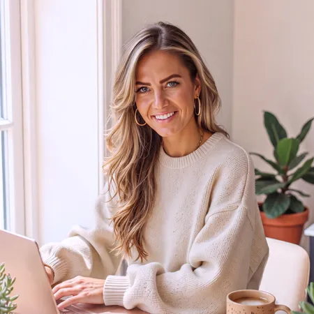 Therapist founder laughing and holding a small dog in a clinical home office
