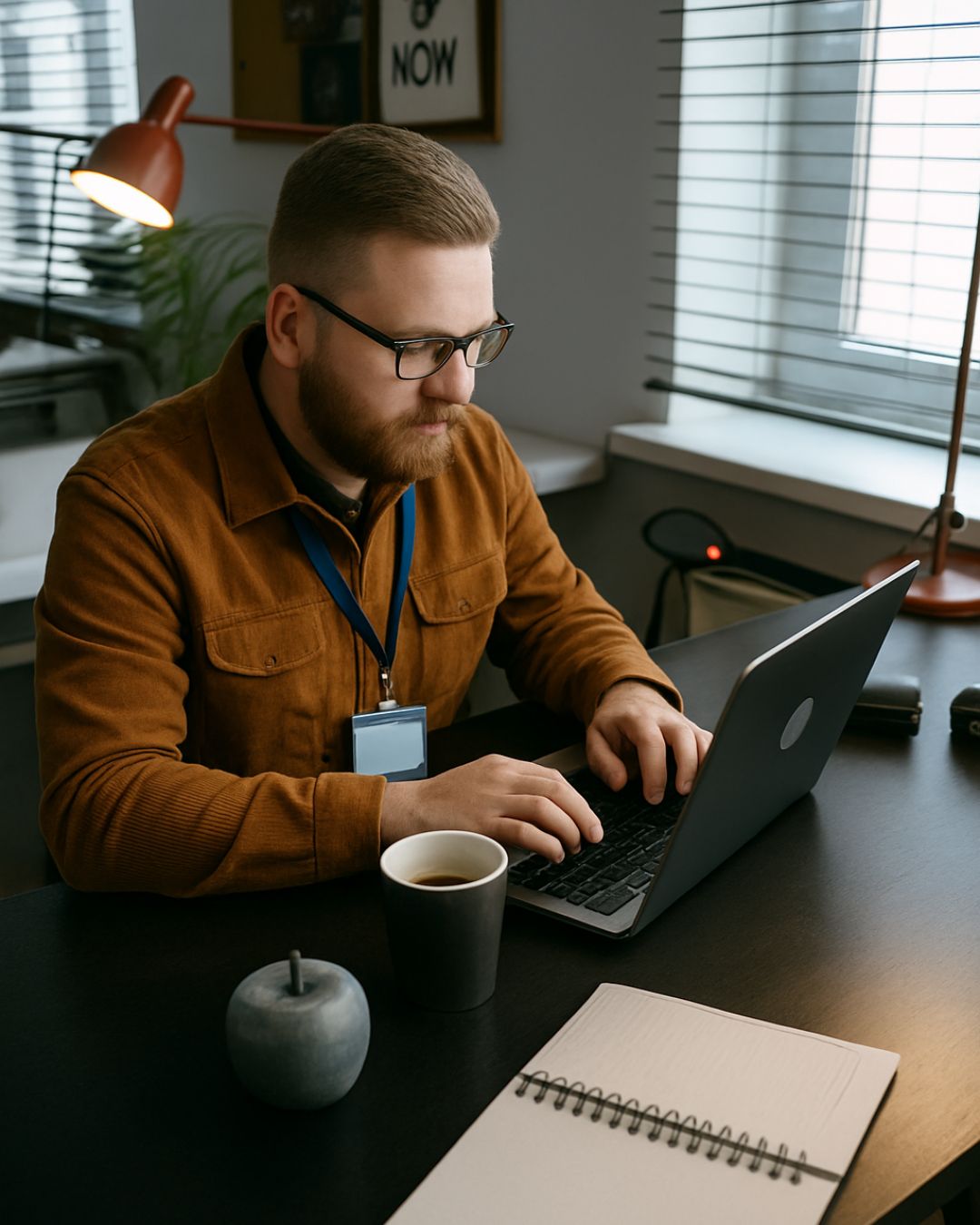 School staff member sat at their laptop