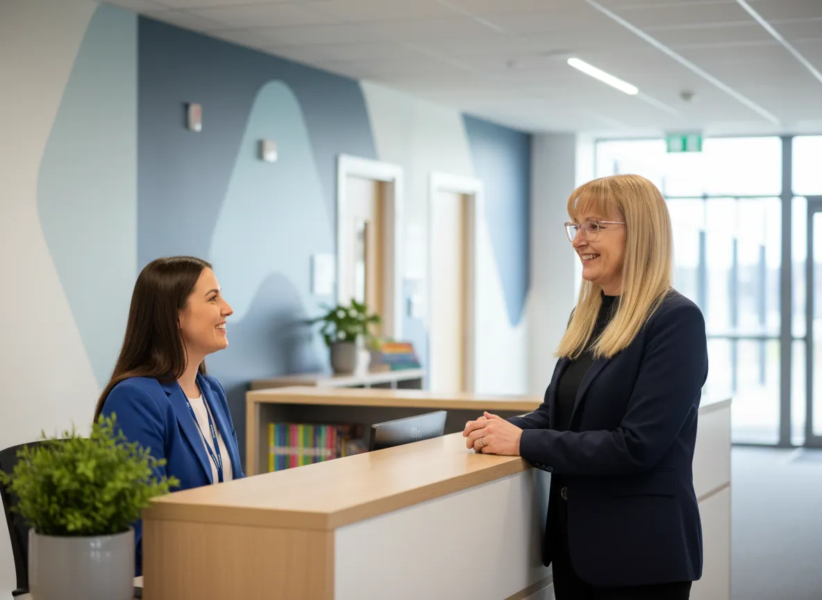 Ros Harrison from Harrison Media Solutions taking to a school staff member