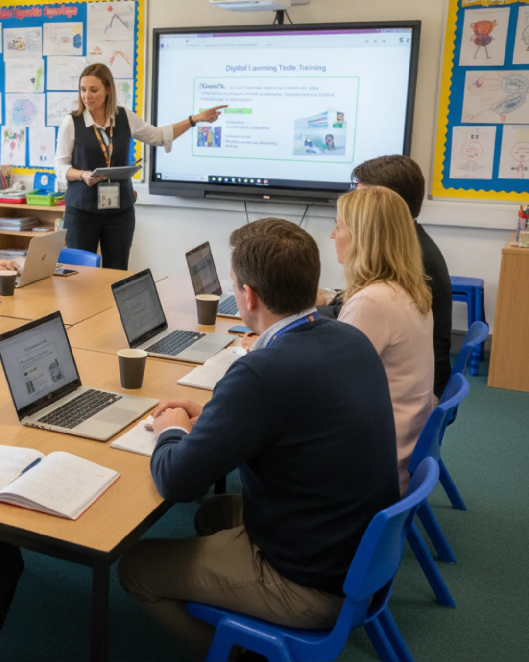 A picture of school staff in a classroom being trained by Ros Harrison from Harrison Media Solutions.