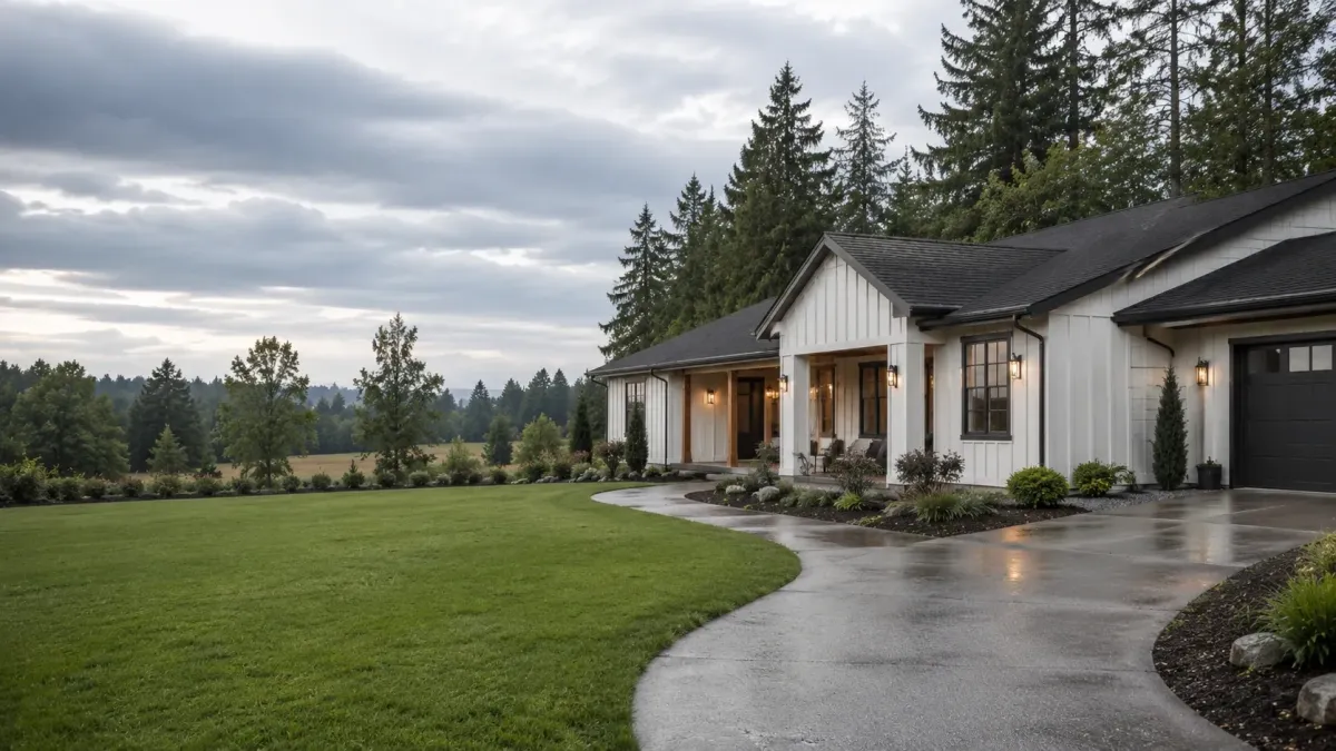 Wood Village Oregon home showcasing precision seamless gutter installation, clean fascia integration, downspout connections, and premium exterior finishes.