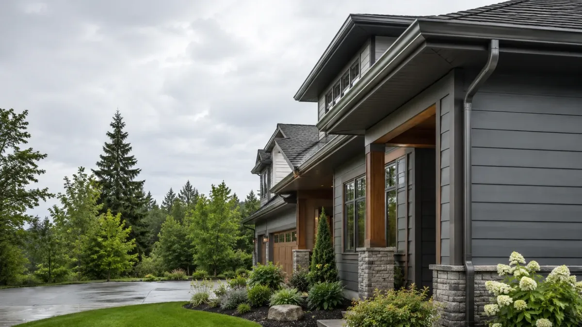 Boring Oregon farmhouse-style home with long seamless gutters, multiple downspouts, wet driveway, and semi-rural Pacific Northwest setting.
