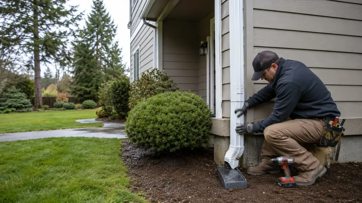 Gutter professional repairing and securing a residential downspout beside a landscaped Gresham, Oregon home.
