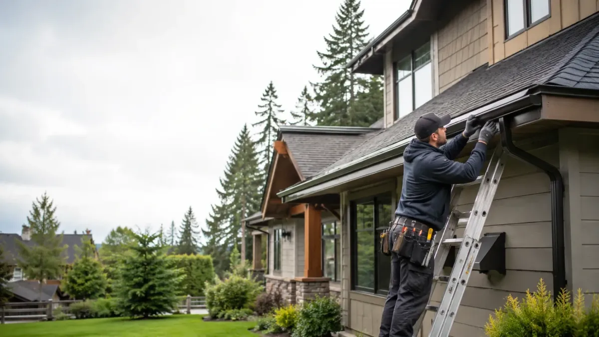 Gutter technician installing and aligning a residential eavestrough system on a Pacific Northwest home in Gresham, Oregon.