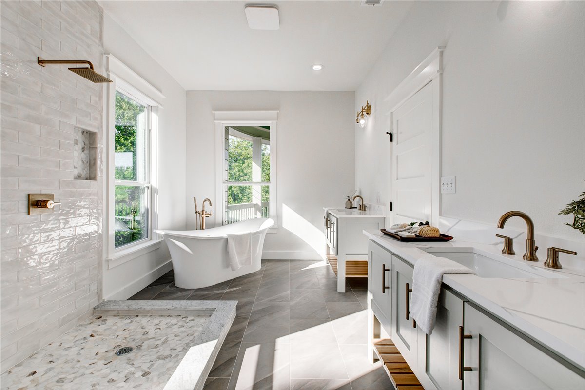 Primary bathroom with oak accents