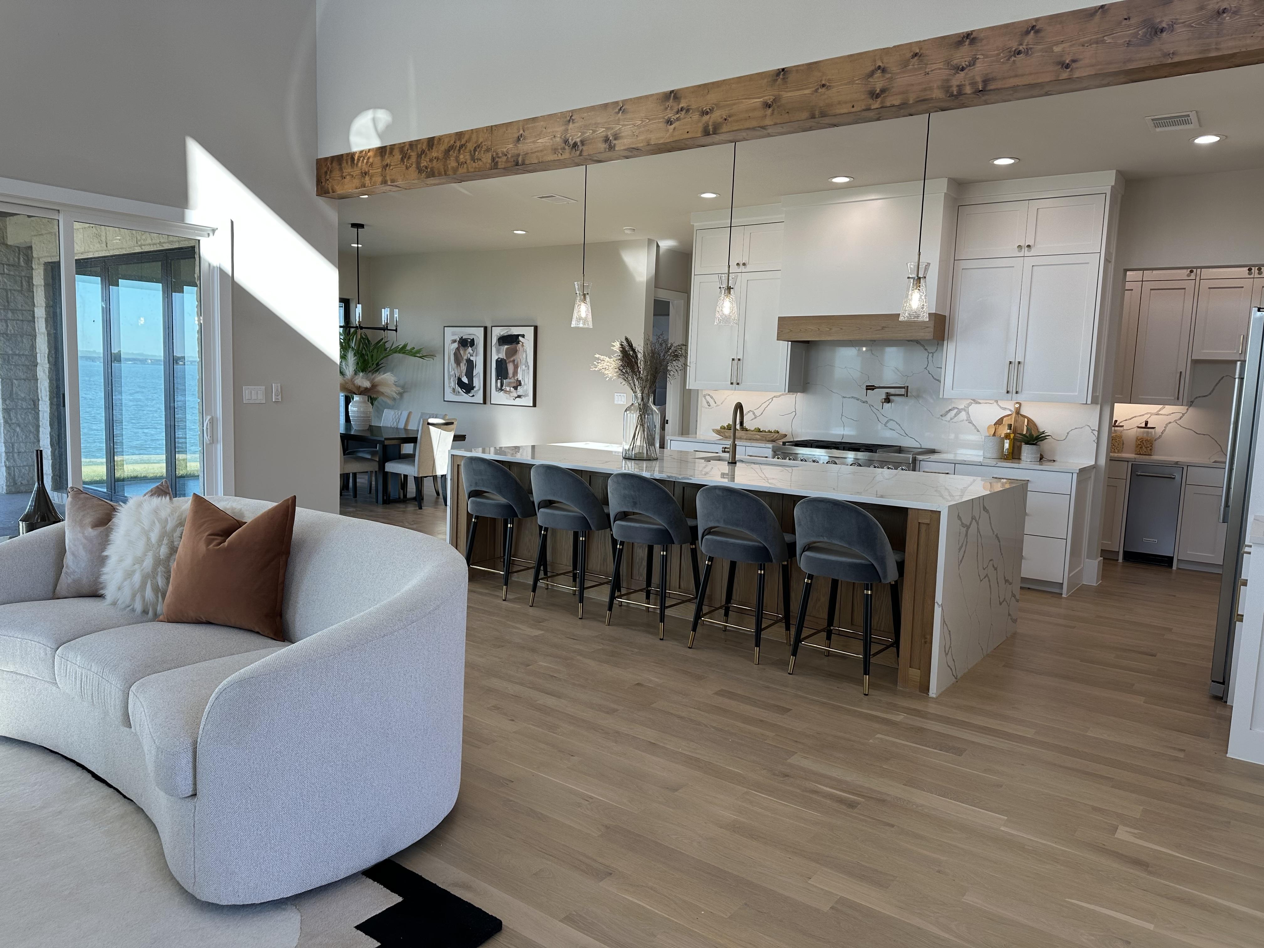 Staged kitchen and living room
