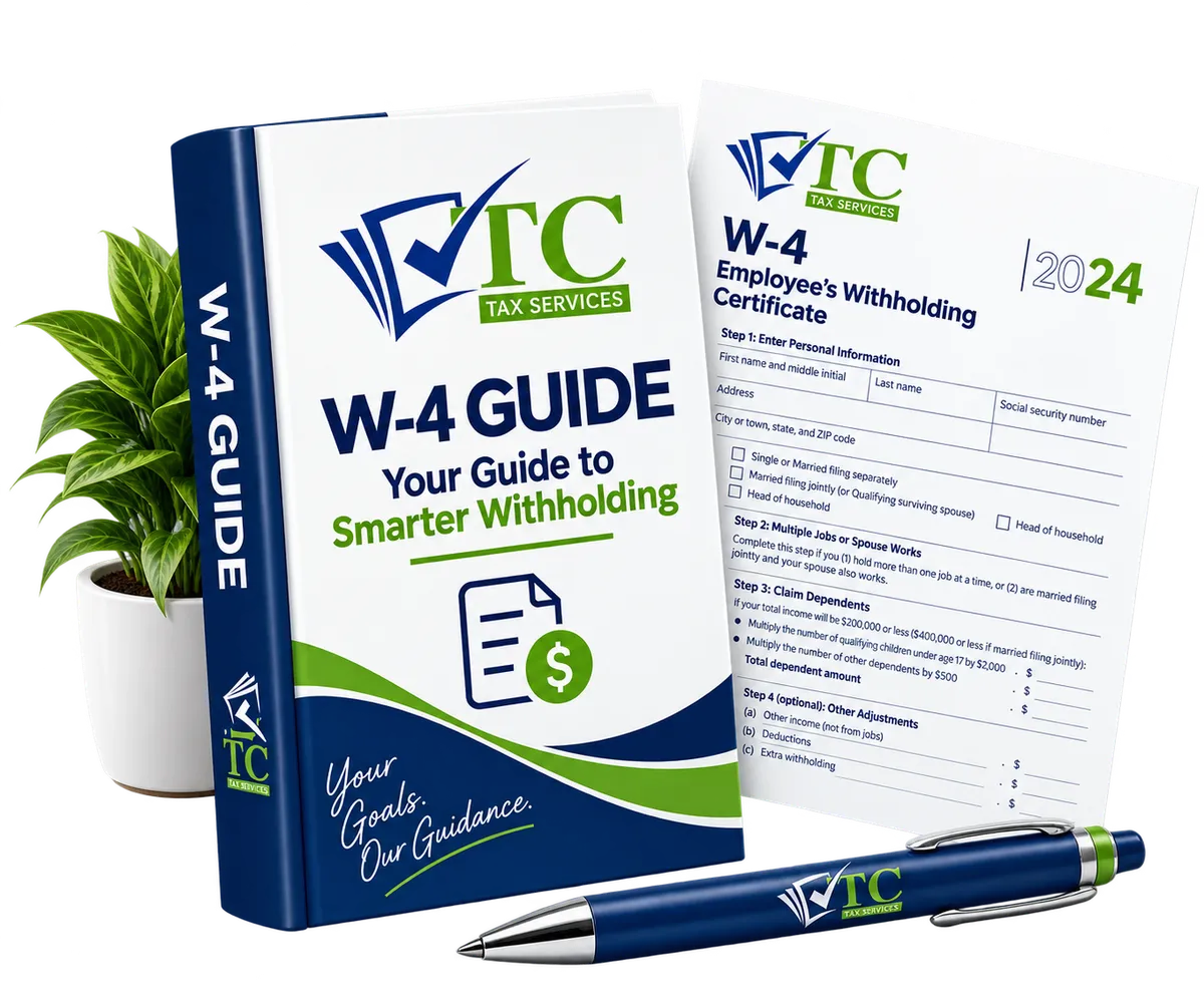A dark navy blue softcover book titled 'W-4 GUIDE: Your Guide to Smarter Withholding' with the TaxPro OS logo and a document icon. Behind it is a printed copy of the IRS W-4 Employee's Withholding Certificate form. Both sit over a curved dark blue background shape bordered by a thin gold line.