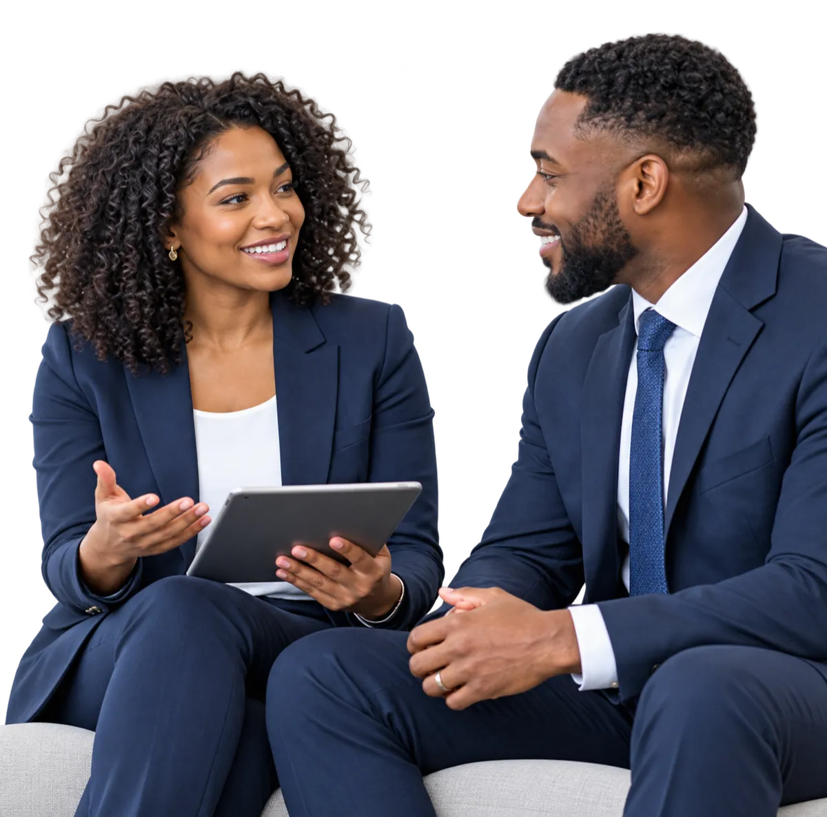 A man and a woman in business suits looking at a tablet together in a bright office, both smiling
