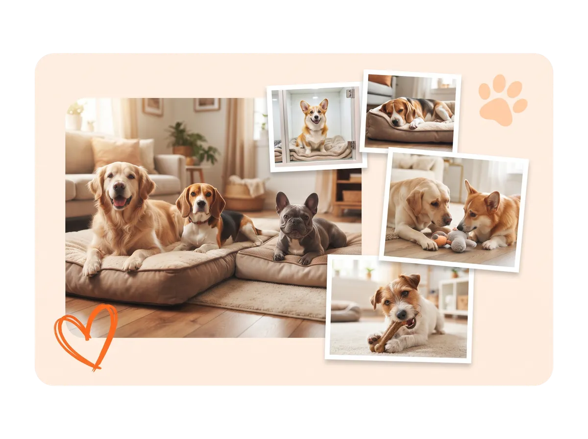 Dogs relaxing and playing in a clean and caring dog boarding facility in Katy, TX