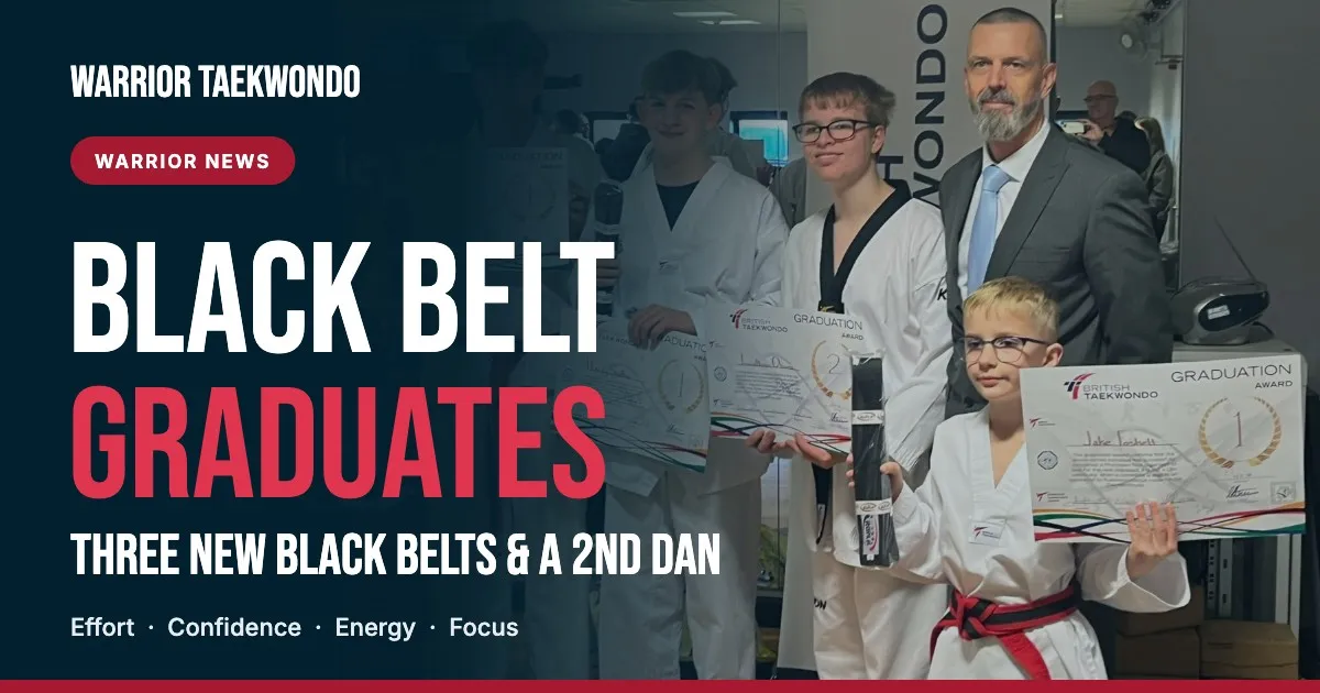 Three New Black Belts and a 2nd Dan for Warrior Taekwondo