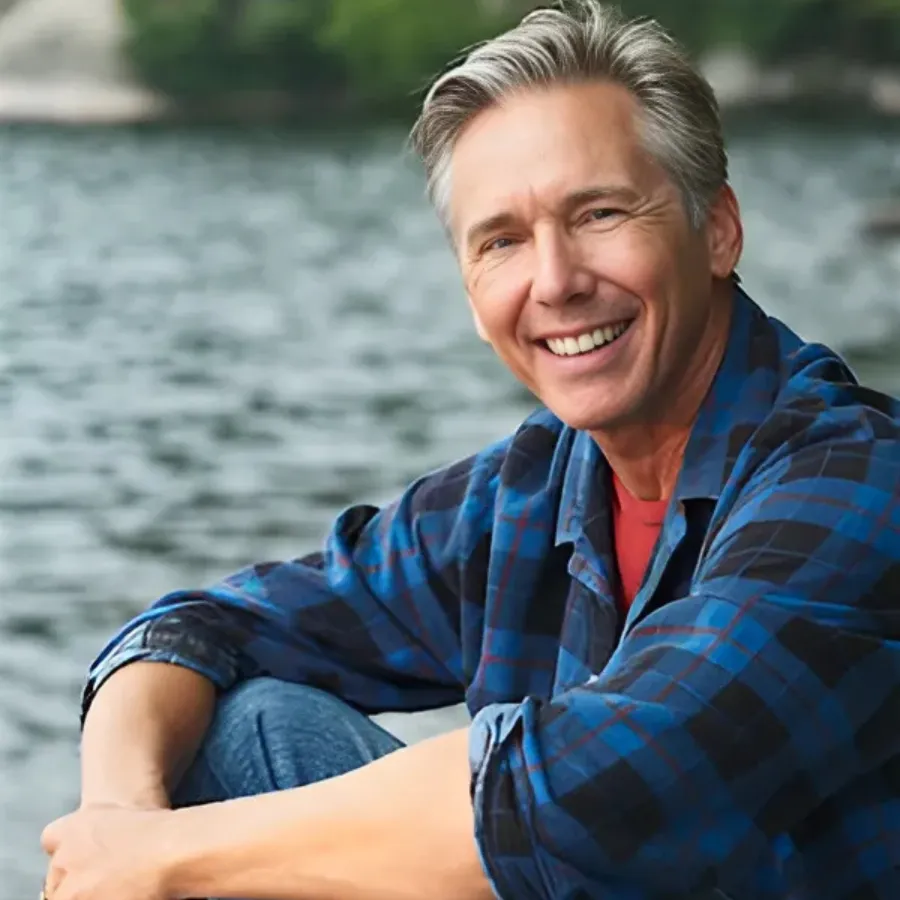 Text: Middle-aged man smiling outdoors by a lake, wearing a blue flannel shirt and jeans