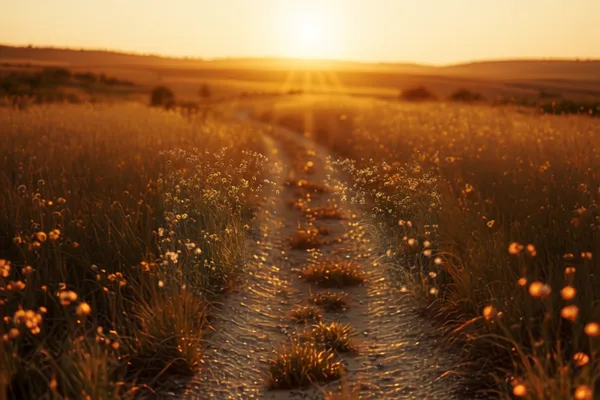 Sunrise breaking over a quiet dirt path through a field, symbolizing perseverance and hope for someone weary from doing good