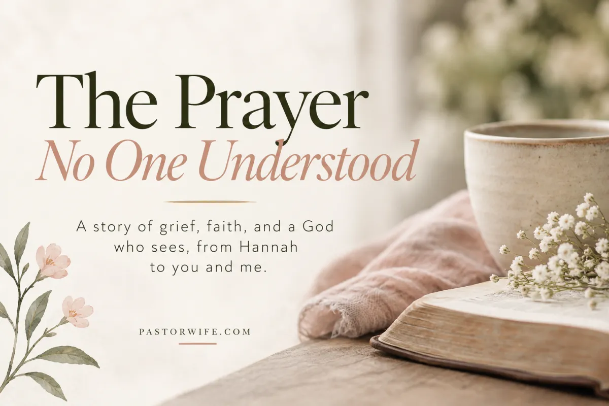Soft, warm-toned blog graphic for “The Prayer No One Understood,” featuring an open Bible, ceramic mug, white flowers, blush fabric, and delicate floral accents, with text highlighting Hannah’s story of grief, faith, and being seen by God.