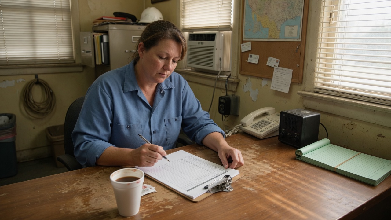 Dispatcher in a Frisco shop office reviewing a run sheet, invoice pad closed