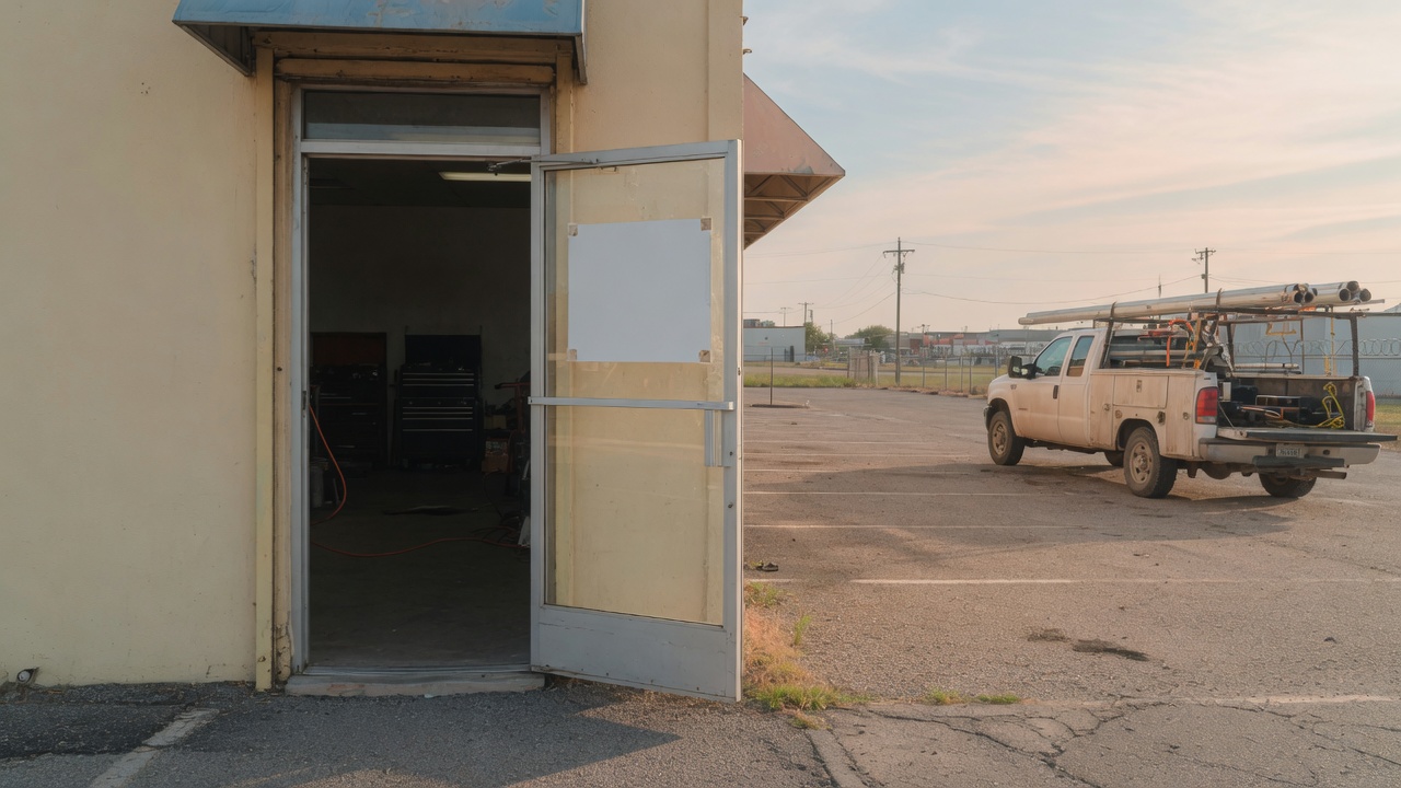 Open shop door on a Saturday morning with a work truck outside