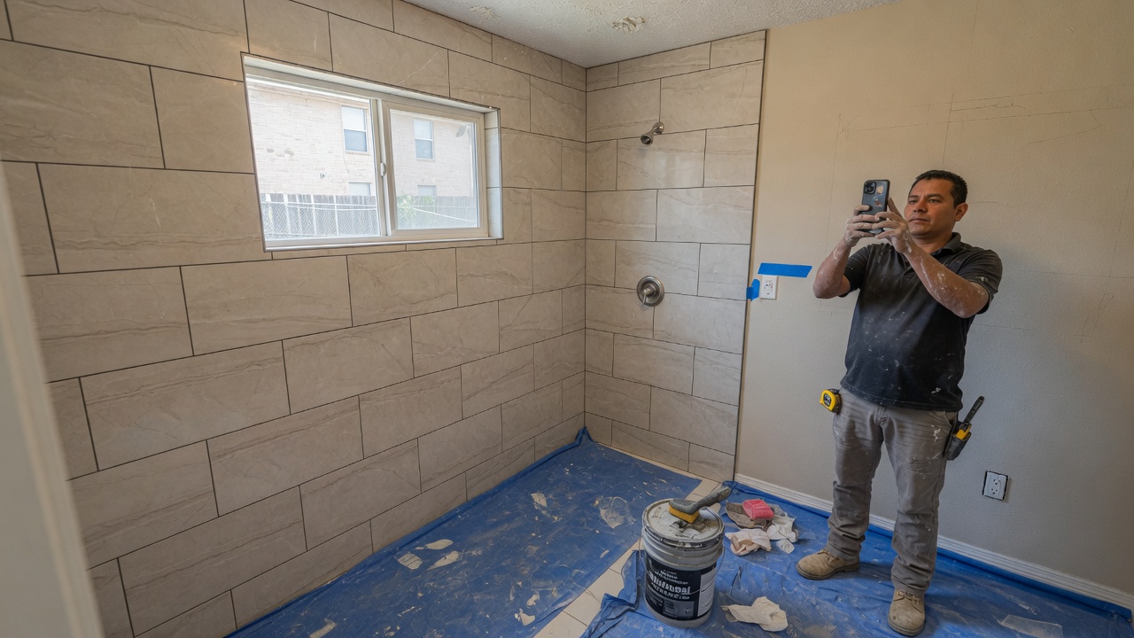 Technician photographing a finished tile job in a Dallas-Fort Worth bathroom