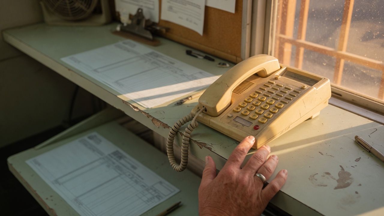 Shop phone on a Frisco service counter, contact form behind it