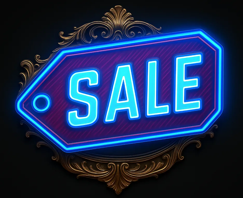 Neon "SALE" sign in ornate frame, highlighting promotional offers for SEO services by Quantum Deep.
