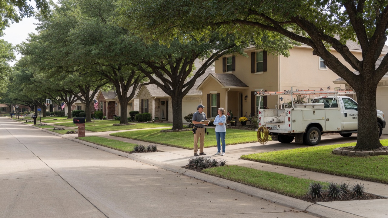 Technician talking with a homeowner on one Frisco driveway