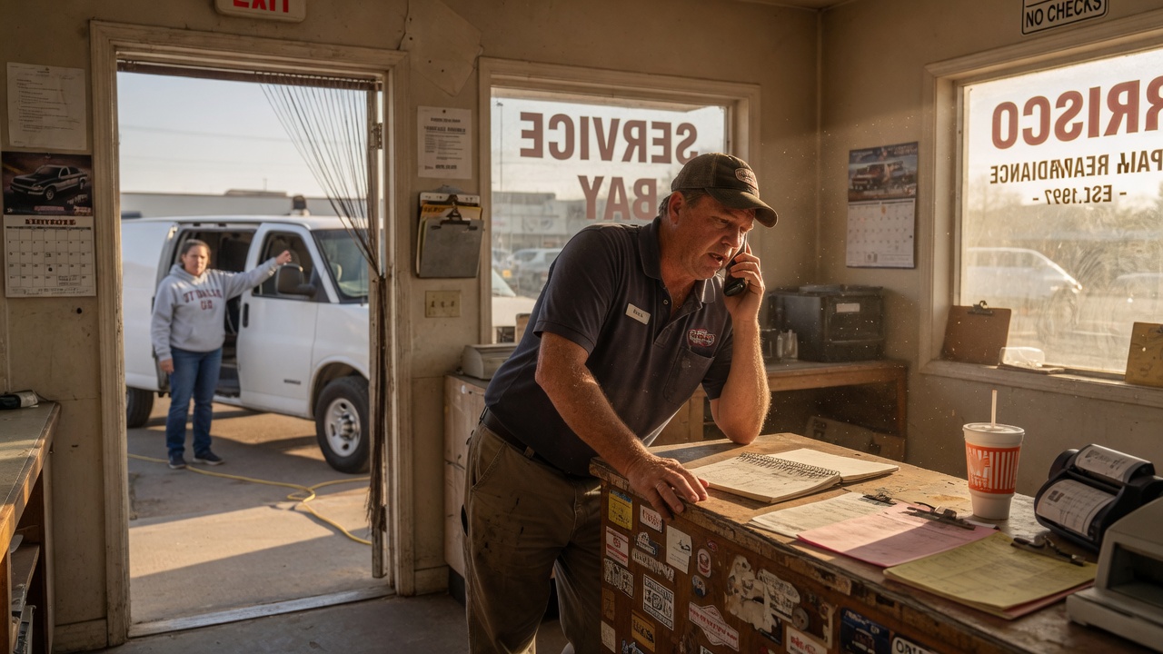 Trade shop owner on the phone at a service counter in Frisco