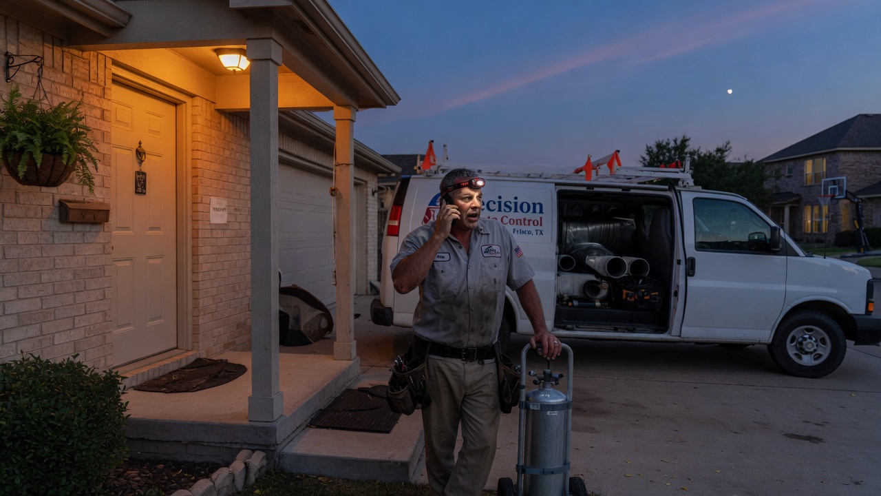 HVAC technician in a truck cab checking a phone after a missed call