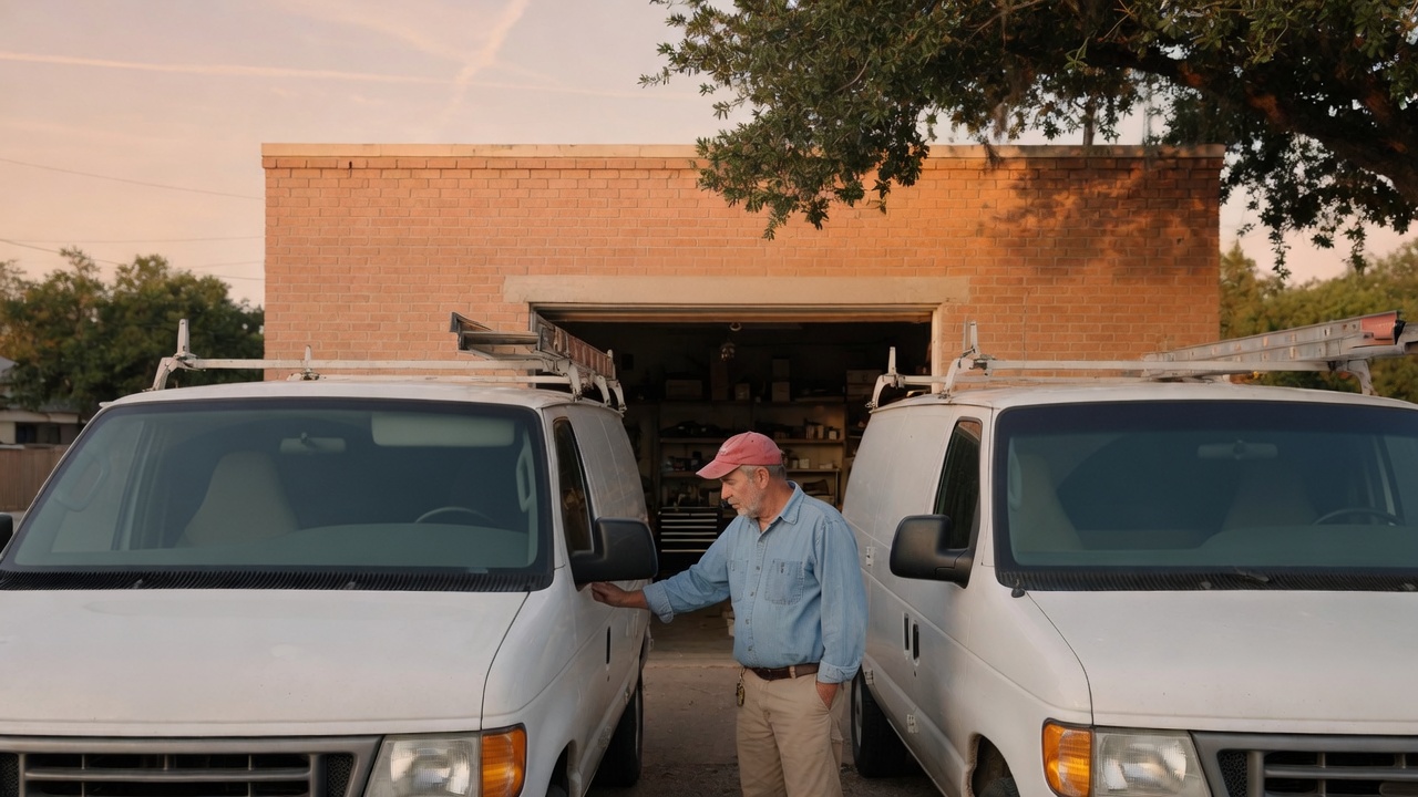 Two unmarked work vans outside an open brick shop bay