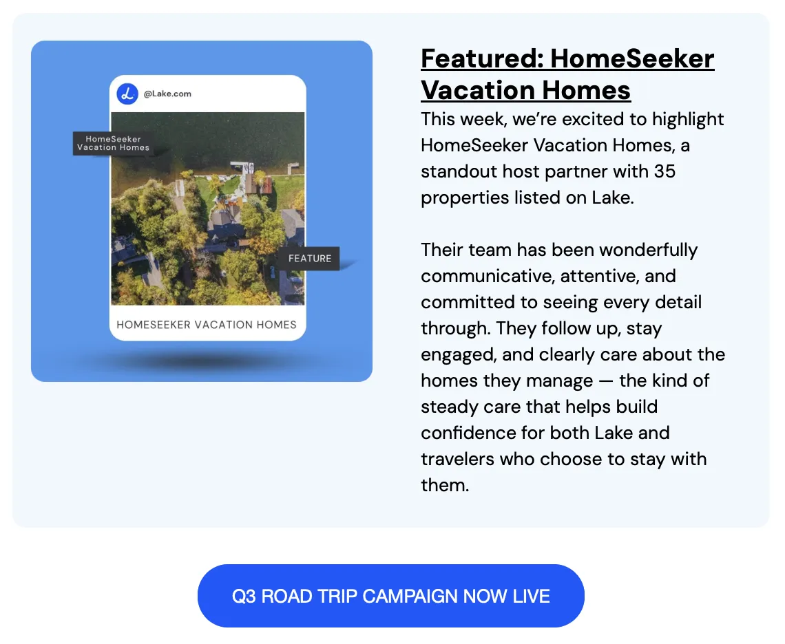 HomeSeeker Vacation Homes featured as top host on Lake.com