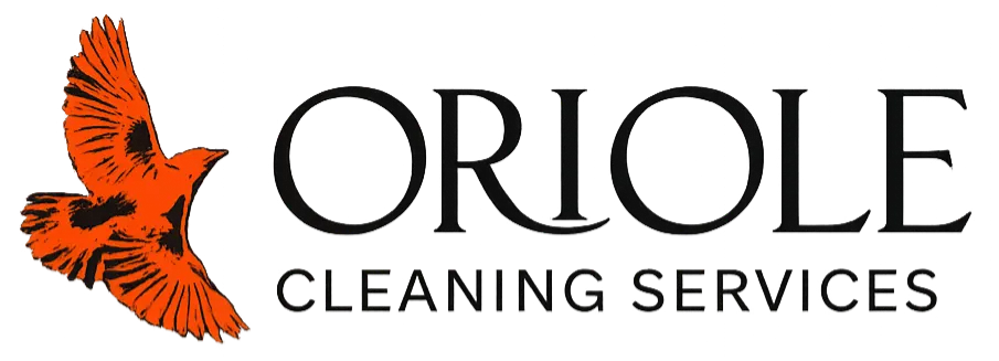 Oriole Cleaning Services Logo Black font and white background with an orange Oriole bird on the left