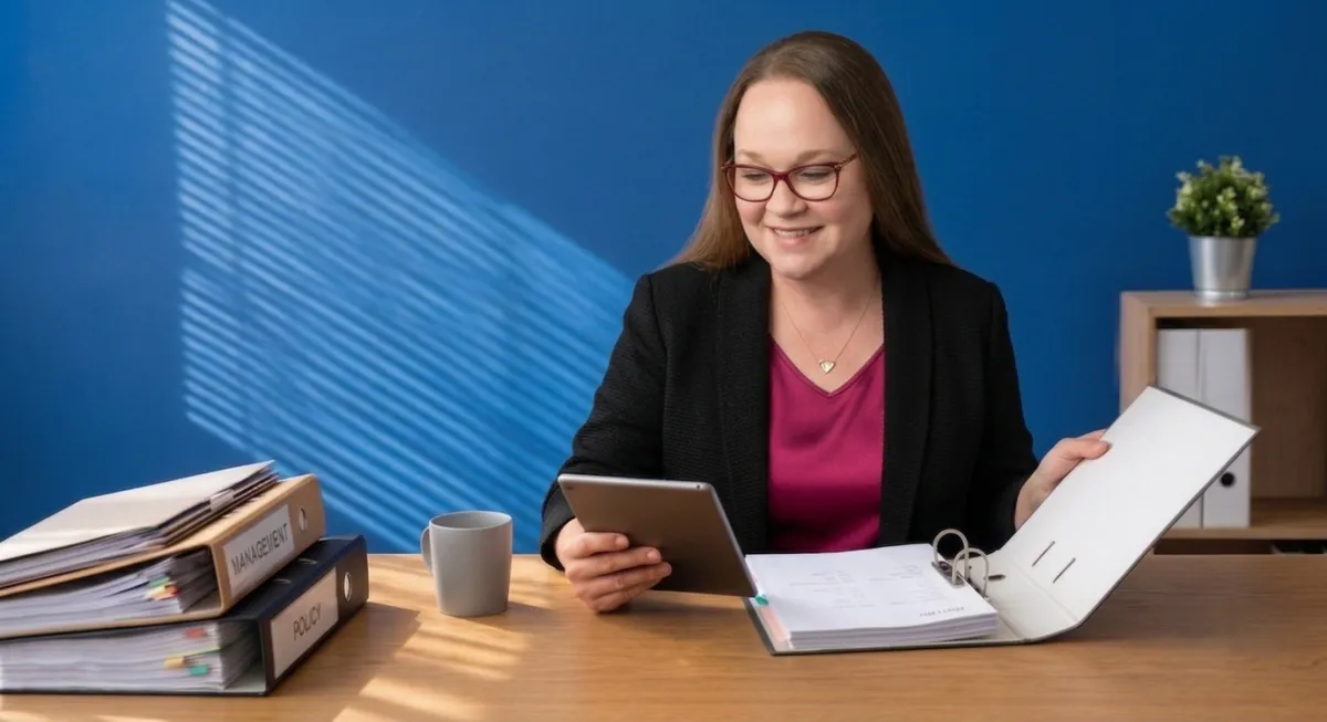 Iris, CPA, reviewing bookkeeping documents at her desk
