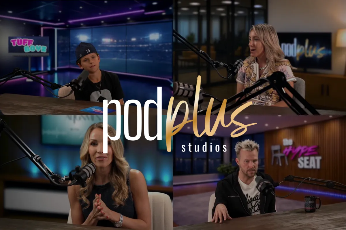 Business professionals recording a video podcast in a modern podcast studio, illustrating podcast marketing and branded content creation for business growth