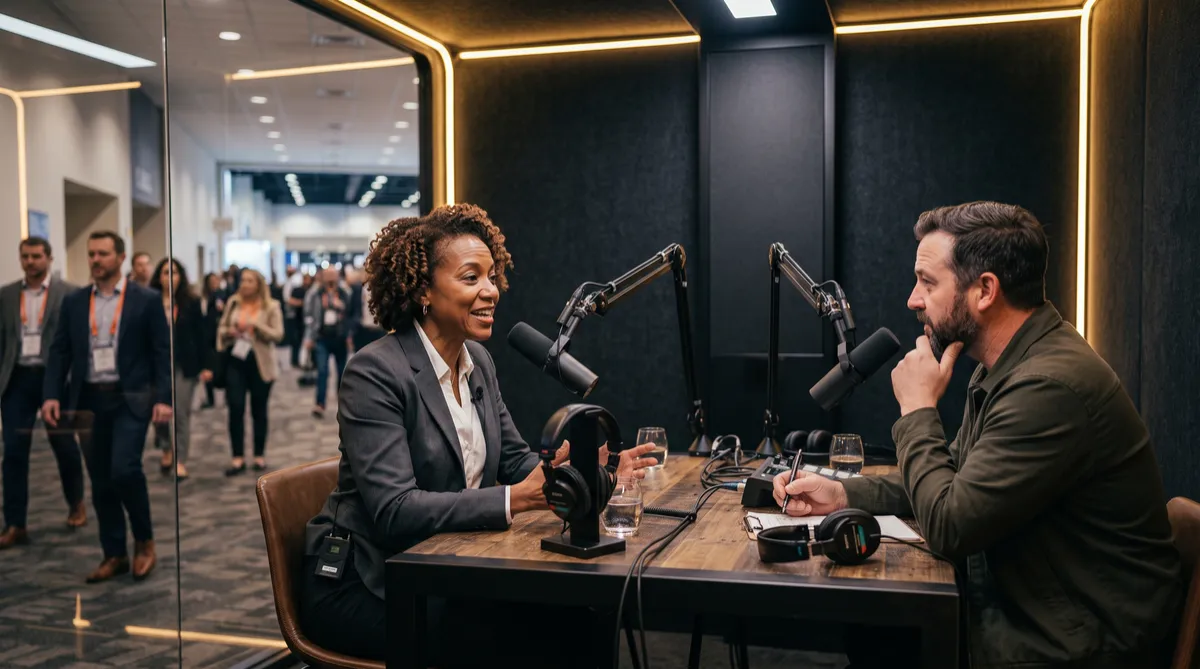 Conference speaker interviewed in an on-site podcast studio after their session