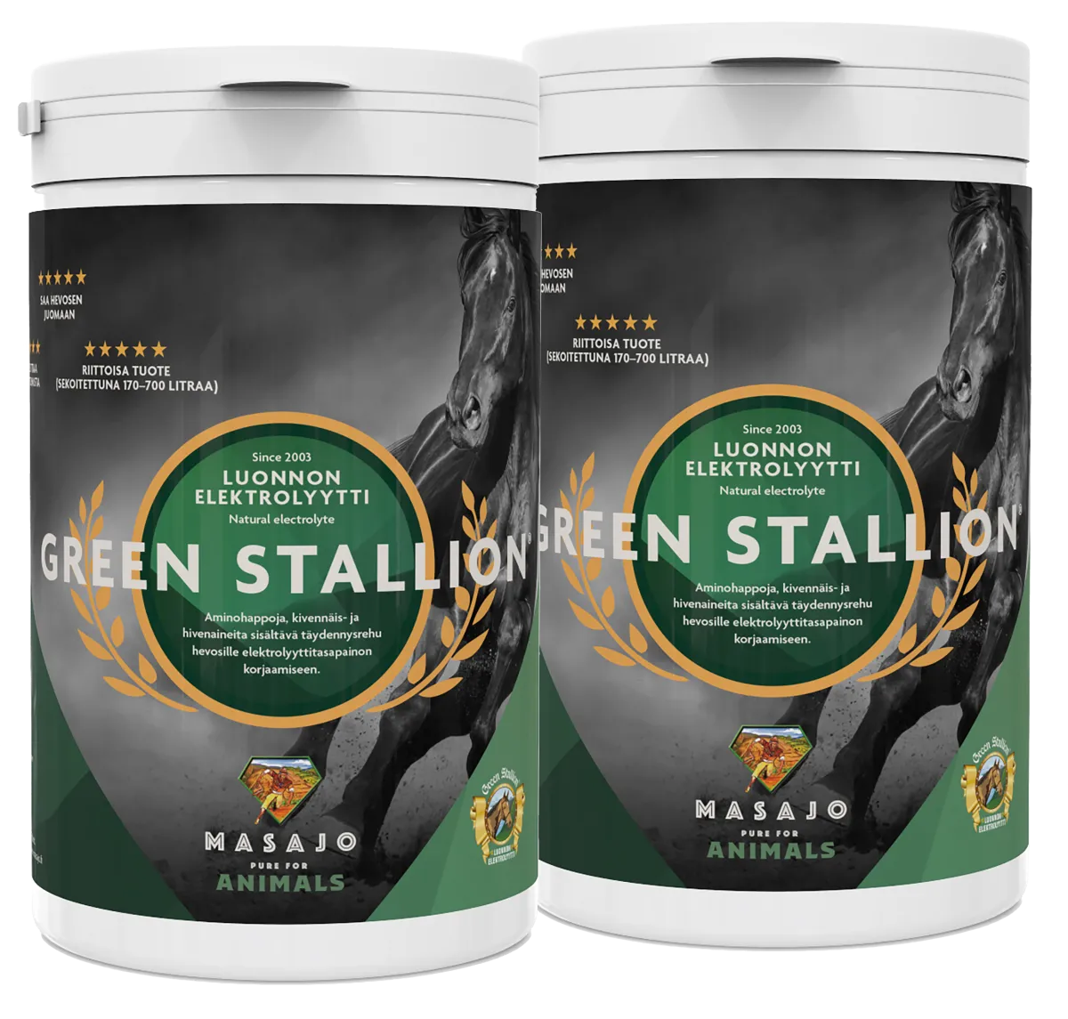 kaksi Green Stallion purkkia