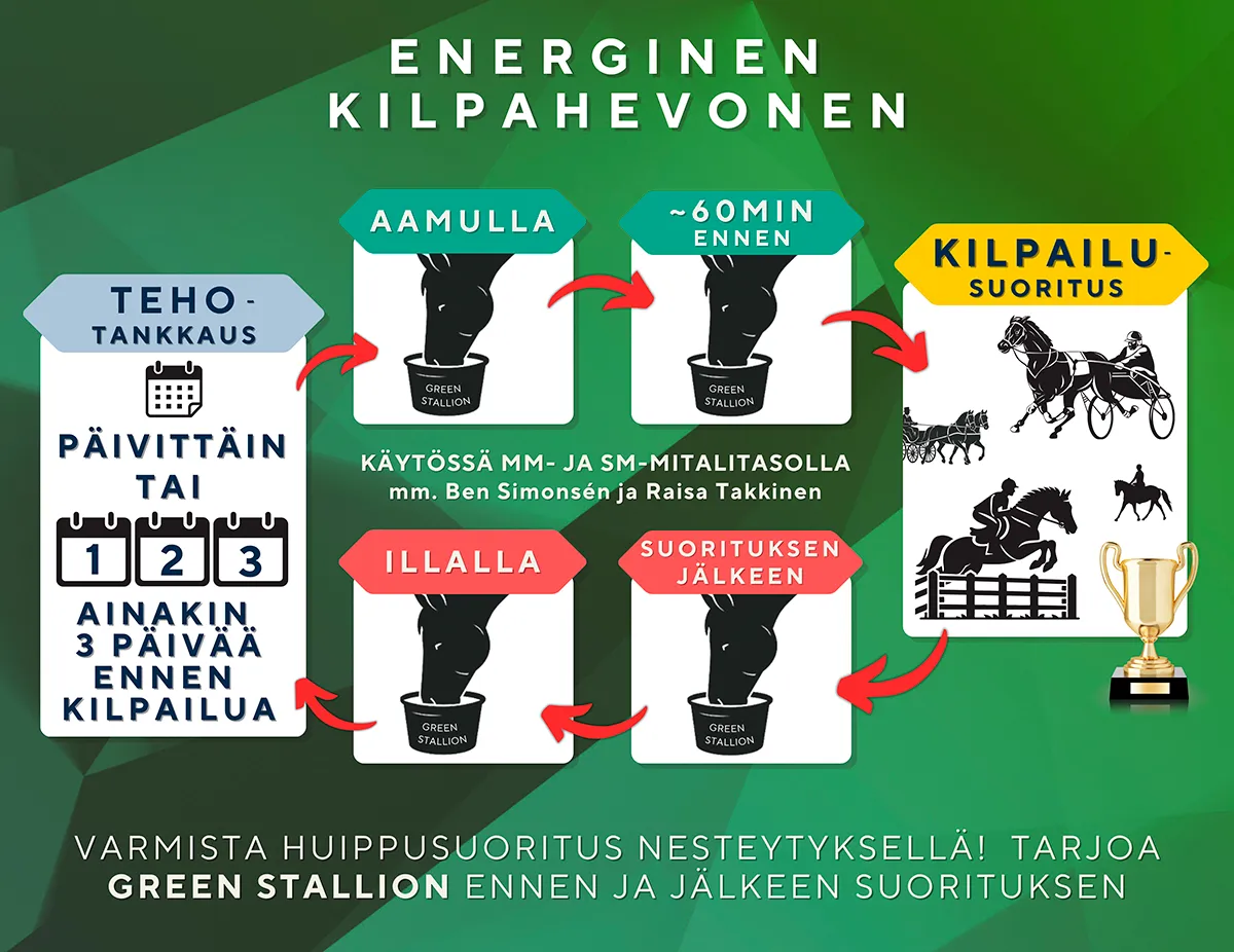 Kuvassa esitetään miten hevonen kannattaa juottaa ennen ja jälkeen kilpailun