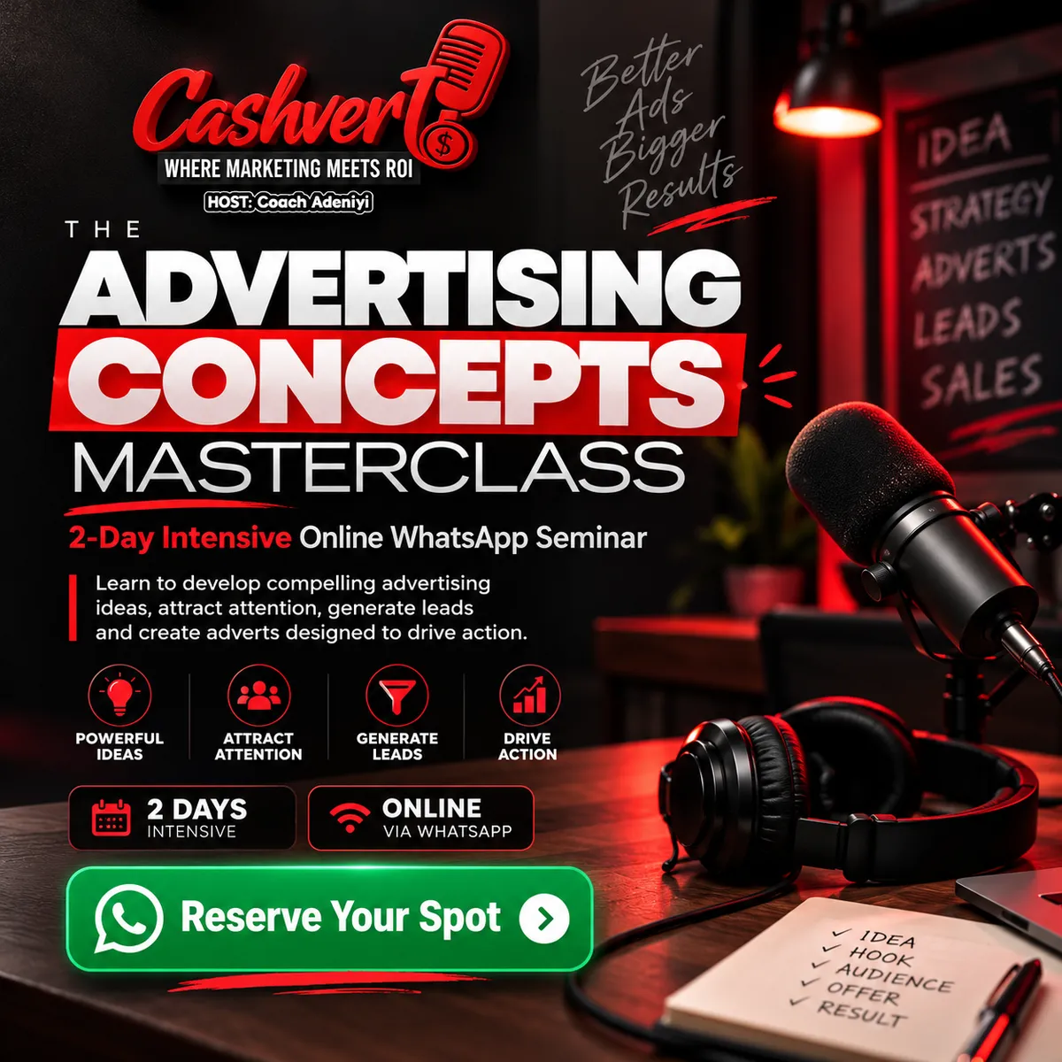 Advertising campaign concept mockup on smartphone showcasing conversion flow from hook to WhatsApp inquiry