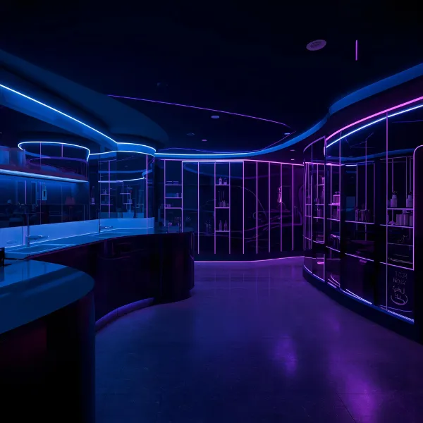 Futuristic interior space illuminated with blue and purple neon light strips, featuring curved counters and glowing shelving