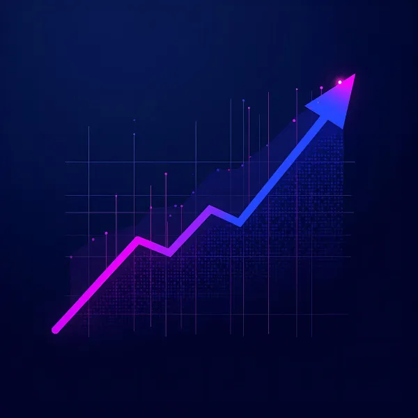 Neon-style line graph with a glowing purple and blue upward arrow, overlaid on a grid with data points, representing business or financial growth.