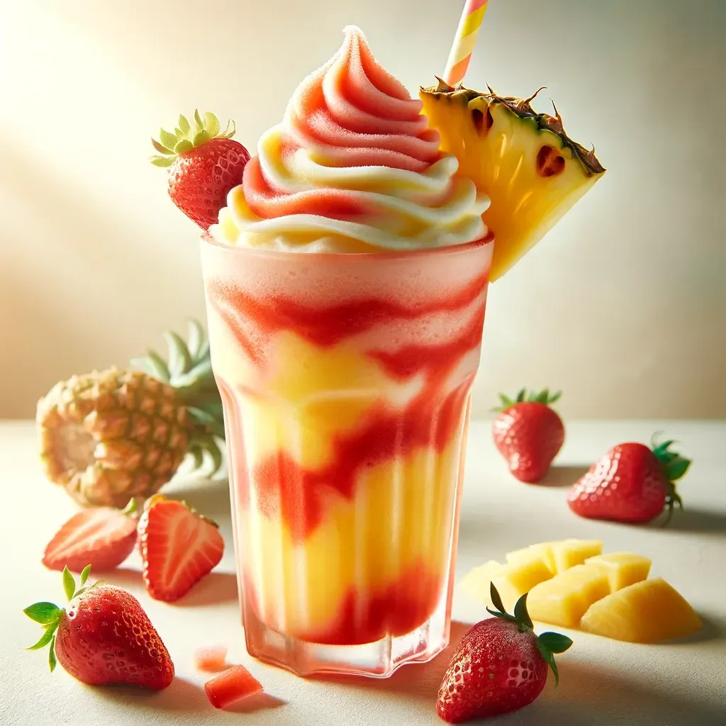 Tropical Food Shack's Pineapple Strawberry frappe, a refreshing blend of sweet pineapple and ripe strawberries, crafted in Tampa.