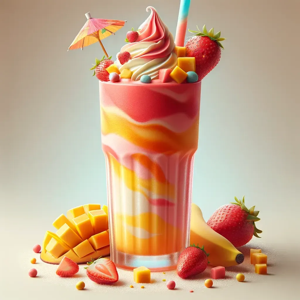 A smooth fusion of strawberries, mango, and banana in the Strawberry Mango Banana frappe at Tropical Food Shack, Tampa.