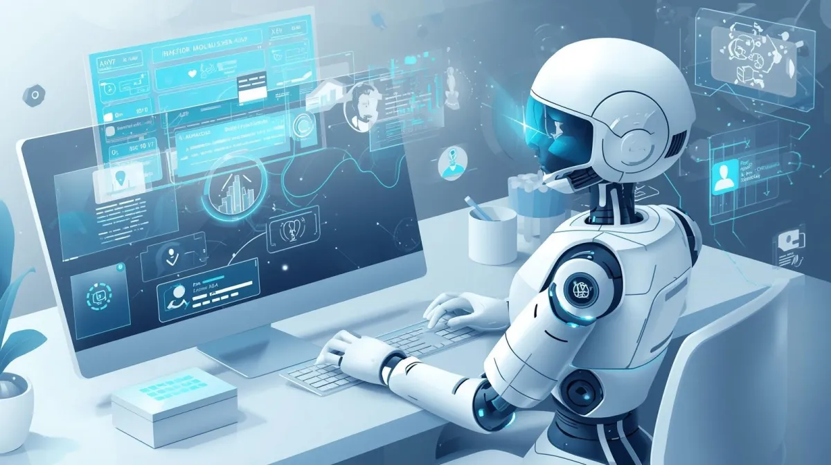 Small business owner using AI tools on a laptop and tablet dashboard in a bright modern workspace