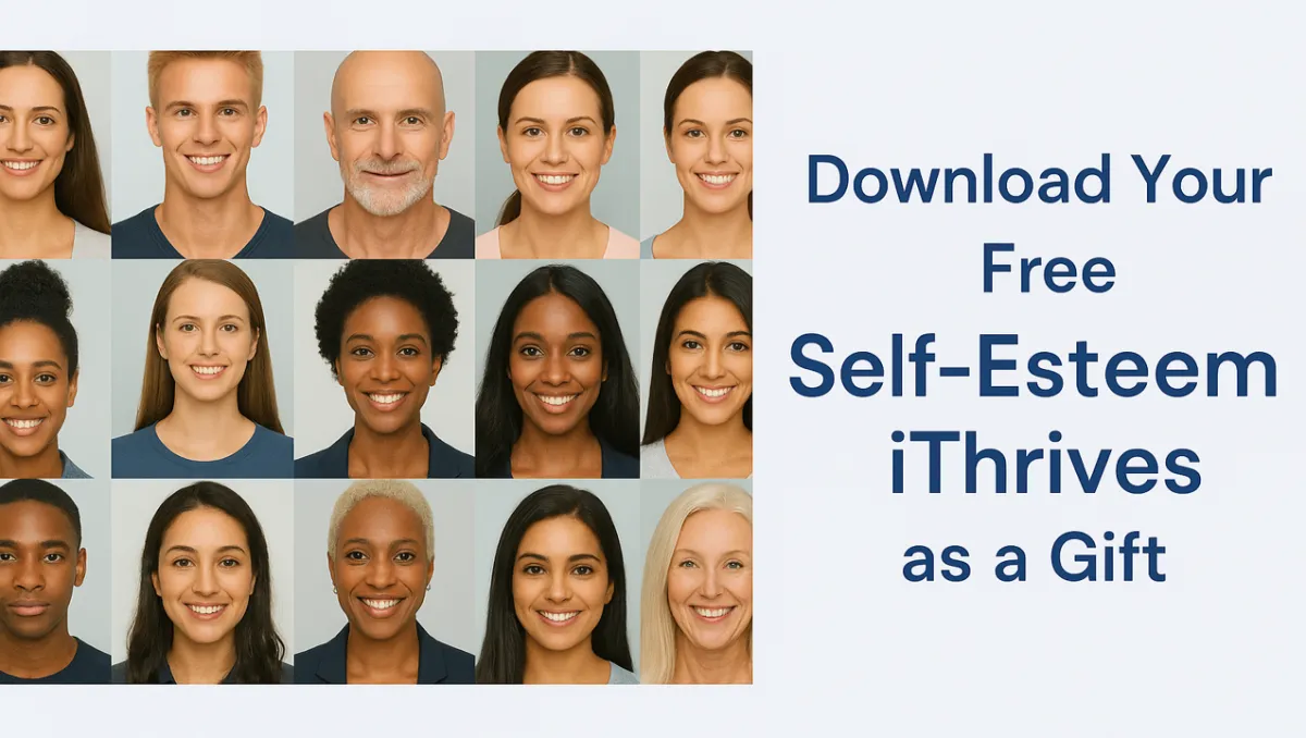 A diverse group of smiling adults, including men and women of various ages and ethnicities, stand together outdoors in soft morning light, each radiating confidence and warmth. The background features gentle blue and teal gradients, evoking calm and optimism. The composition is friendly, inviting, and uplifting, perfectly matching the self-esteem theme.