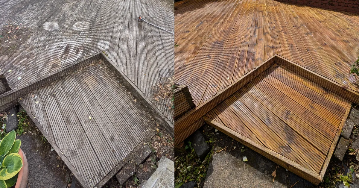 Wooden decking before & after cleaning in Kent
