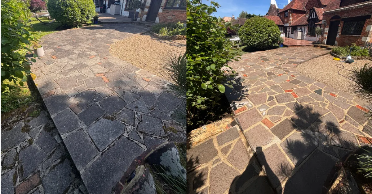Crazy paving cleaning & Pressure Washing before & after in Sevenoaks, Kent - By Elevated Exterior
