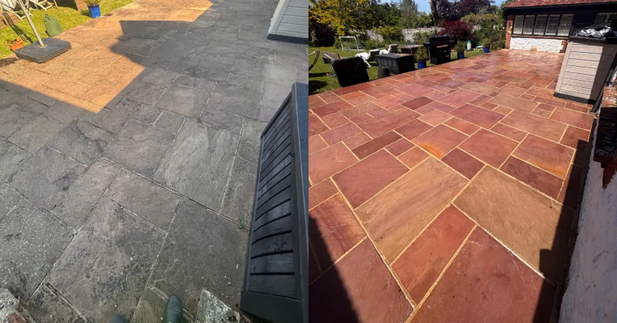 Indian Sandstone Deep Clean, Pressure Wash & Black spot removal treatment before & after in Sevenoaks, Kent - By Elevated Exterior