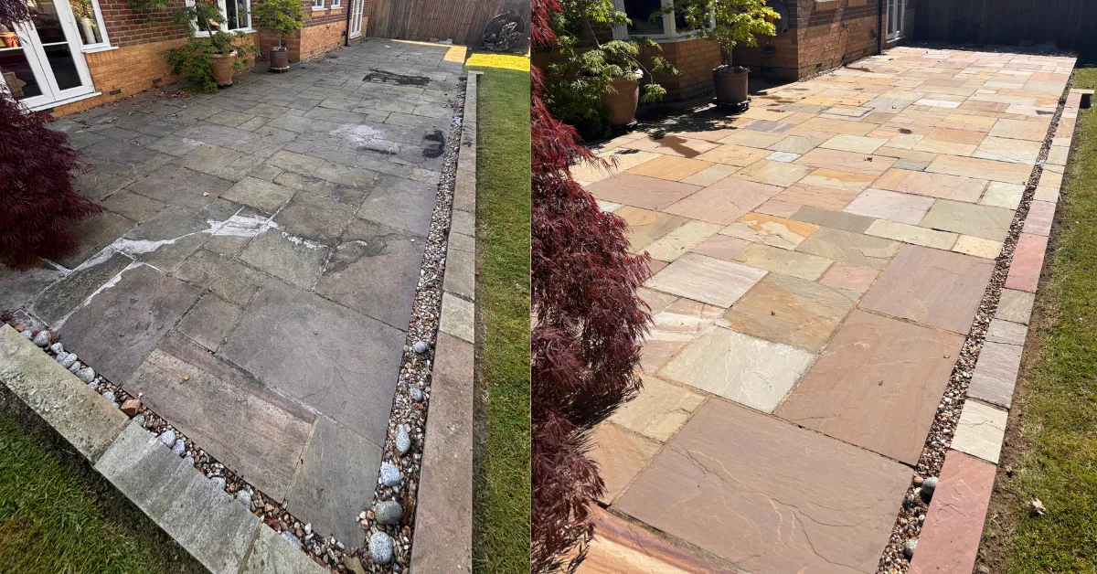 Indian Sandstone Deep Clean, Pressure Wash & Black spot removal treatment before & after in Sevenoaks, Kent - By Elevated Exterior