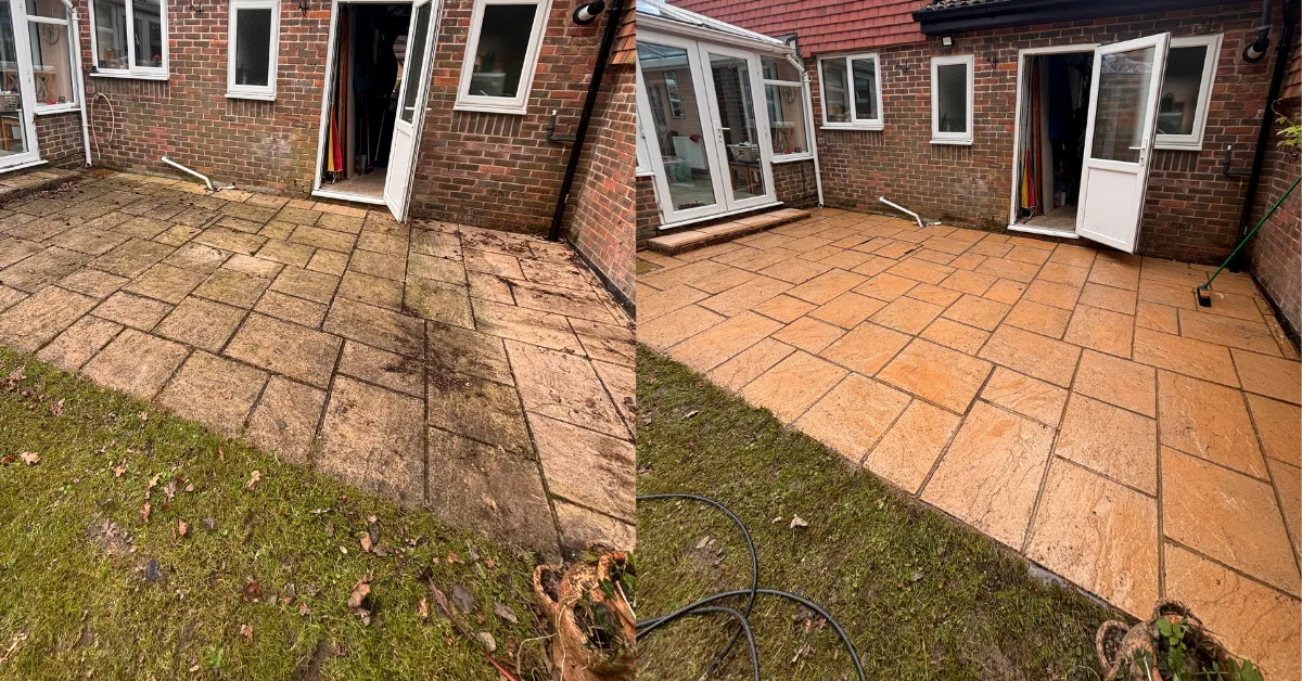 Patio covered in blackspot, fully cleaned & repointed in Tunbridge Wells