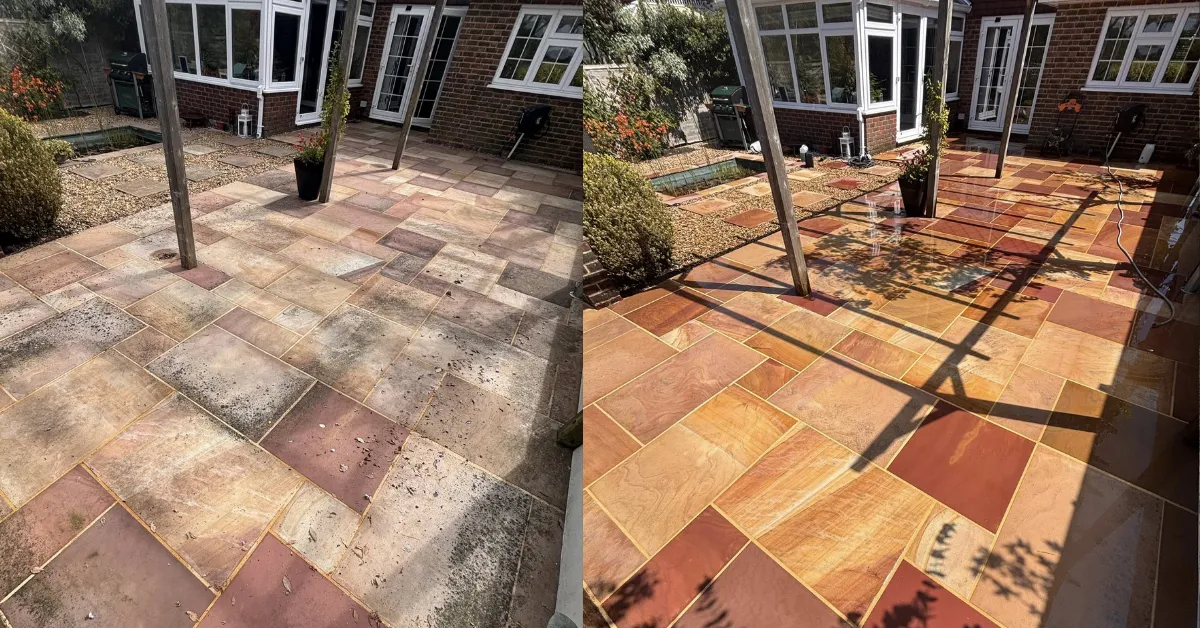 Indian Sandstone Deep Clean, Pressure Wash & Black spot removal treatment before & after in Sevenoaks, Kent - By Elevated Exterior