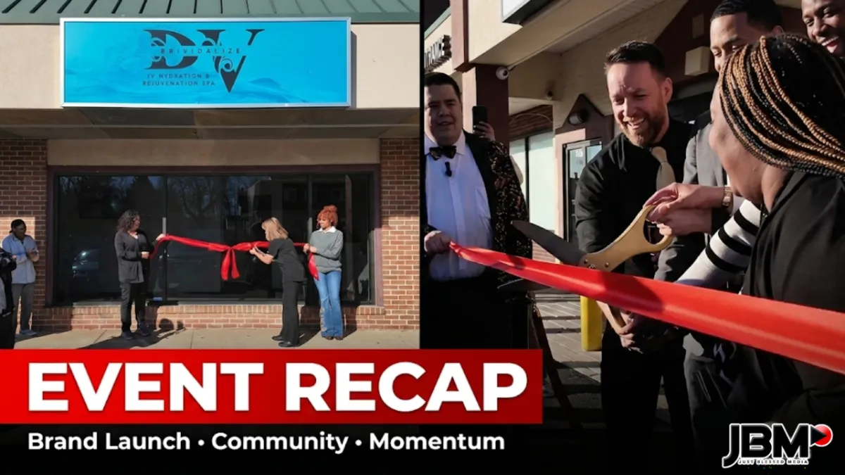 A boutique owner arranges products in a stylish retail space while a videographer films with a gimbal. The setting is chic, with natural light and a focus on brand aesthetics and customer experience.