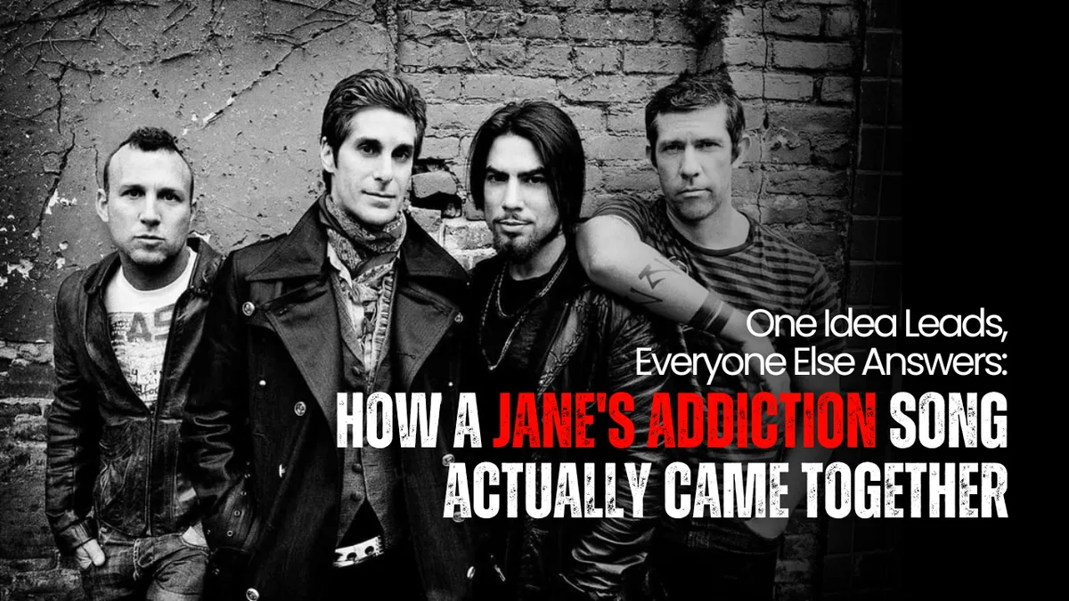 Jane’s Addiction band members standing against a brick wall.
