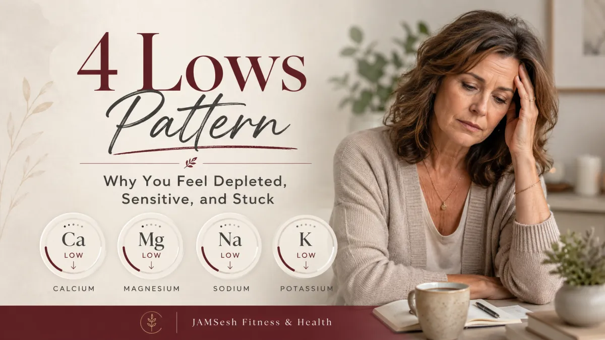 4 Lows Pattern HTMA blog image showing a tired woman with low calcium, magnesium, sodium, and potassium markers.