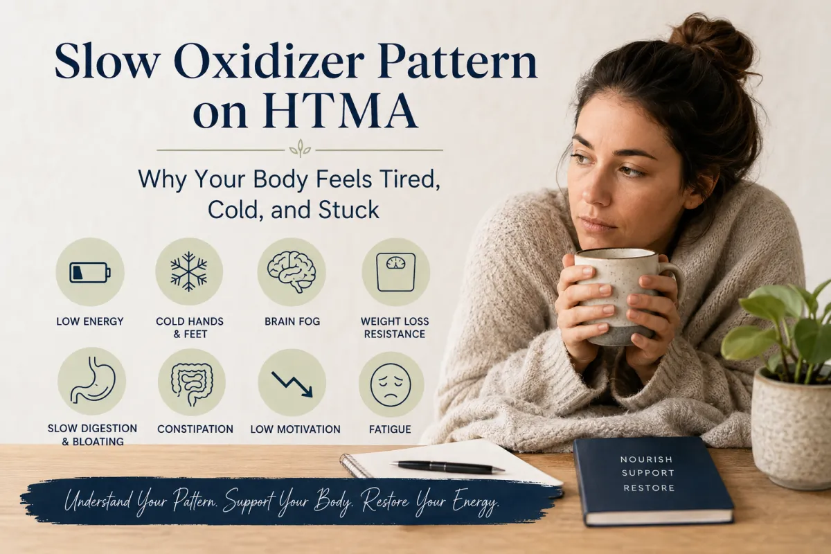 Slow Oxidizer Pattern on HTMA blog image showing a tired woman with low energy, cold hands and feet, brain fog, slow digestion, and fatigue.